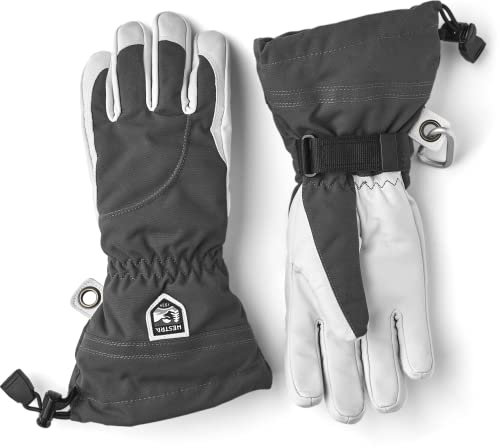 Hestra Heli Ski Damen-Handschuh, klassischer 5-Finger-Leder-Schneehandschuh zum Skifahren, Snowboarden und Bergsteigen (Damenpassform), Grau/Offwhite, Größe 6