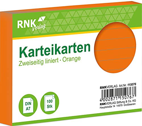 RNKVERLAG 115076 - Karteikarten liniert 7 mm, orange, DIN A7, 1 Packung à 100 Karten