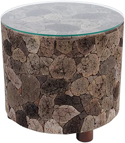 GURU SHOP Lavastein Kaffeetisch mit Glasplatte - Modell 10, Grau, Holz, 45x50x50 cm, Kaffeetische & Bodentische