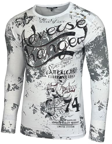 Herren Longsleeve Langarmshirt Shirt Mit Rundhalskragen mit Grandad-Ausschnitt T-Shirt Shirt 706, Farbe:Weiss, Größe:S