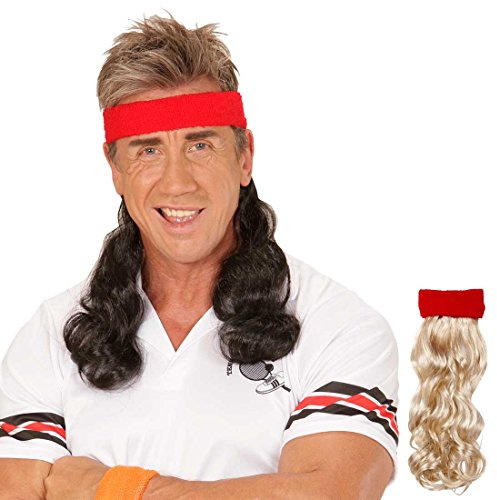 Amakando 80er Vokuhila Stirnband rotes Haarband mit Haarteil schwarz Proll Klapsband Prolet Haarteil Sportler Frisur Kostüm Zubehör Mottoparty Accessoire