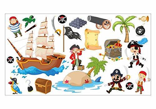 nikima 063 Wandtattoo Pirat Kapitän Schiff Insel Schatztruhe Kinderzimmer - in 6 Größen - Kinderzimmer Sticker Wandaufkleber wunderschöne Wandsticker Wanddeko Wandbild Junge Mädchen Größe 750 x 420 mm