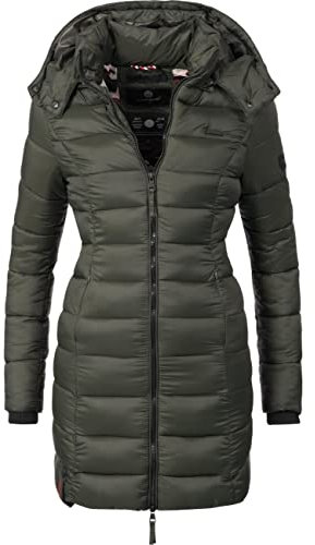MARIKOO Damen Langer Wintermantel Warmer Steppmantel mit Abnehmbarer Kapuze Abendsternchen Grün Gr. M