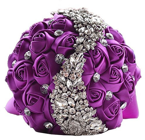 Fouriding Handgemachte Brosche Brautstrauß Braut Satin Rosen Blumen Strass Perlen Blumensträusse Hochzeit Strauß Künstliche Blumenstrauß künstlicher Rosenstrauß Dekoration (Lila)