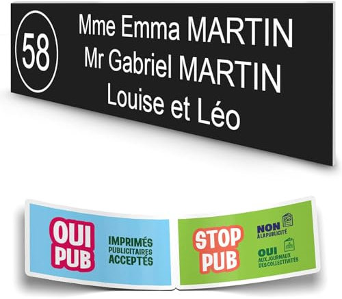 DECOHO - Plaque Boite aux Lettres personnalisée adhésive - Plastique Noir Lettres Blanches - 100x25 mm, 3 Lignes, Stickers Stop Pub Offer - Noir
