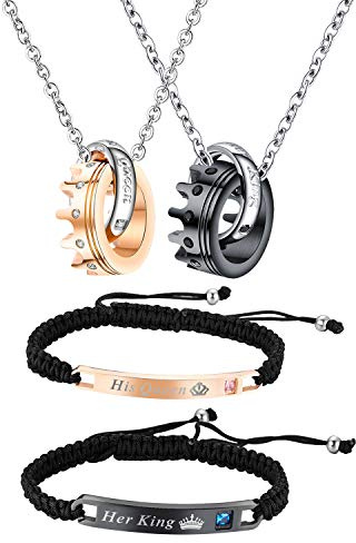 OIDEA Schmuck 4PCS, Freundschaftsarmband für 2, Anhänger mit Kette Her King His Queen Krone für Herren Damen, Edelstahl Zirkonia, Schwarz Rosegold