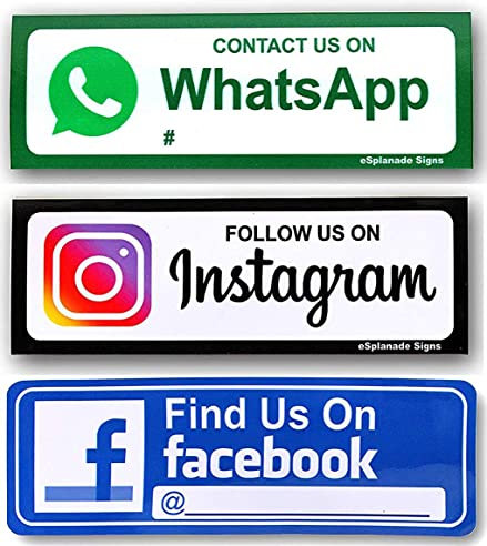 eSplanade FINDEN SIE UNS AUF Facebook, Twitter und Instagram, WhatsApp-Zeichen-Aufkleber-Kombination (4er-Set) - Einfach zu montierende wetterfeste, langlebige Tinte