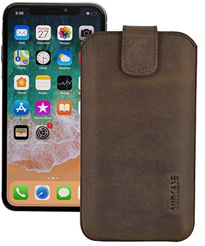 Suncase ECHT Leder Tasche kompatibel mit iPhone 12 Pro (6.1) mit ZUSÄTZLICHER Transparent Hülle | Schale | Silikon Bumper Handytasche (mit Rückzugsfunktion und Magnetverschluss) in antik braun