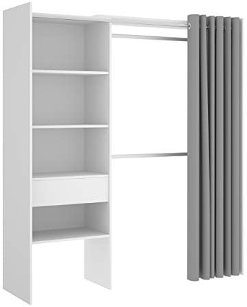 Mobelcenter, Armario Vestidor Reversible con Cajón y Cortina, 2 Barras, 4 Estantes y 1 Cajón, Acabado Color Blanco, Ancho: 160-110 cm x Fondo: 50 cm x Alto: 205 cm (1208)