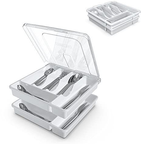 YICOCHI 2-lagiges großes Bestecktablett mit Deckel, stapelbarer Utensilien-Organizer für Arbeitsplatte, herausnehmbares Tablett für Besteck-Organizer, weiß