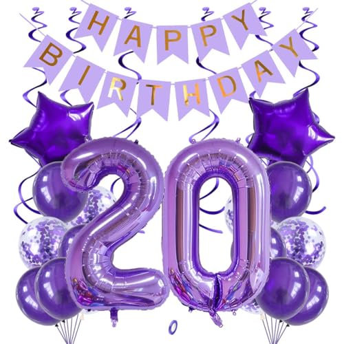 Jxuzh 20 ° compleanno decorazione viola uomo donna-striscione di buon compleanno-palloncino gigante da 40 pollici (circa 100 cm) -25 pezzi-per compleanno, decorazione, palloncino ad aria/elio