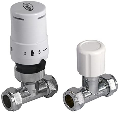 SPARES2GO Straight Inline Thermostatic Radiator Valve Set Lockshield 10-15mm TRV Head (White)