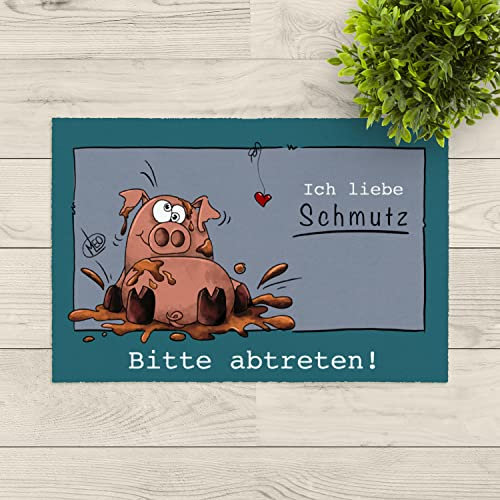 LA KO Waschbare Fußmatte 50x75cm - Designed by Maleola - hochwertig Bedruckte Fußmatte aus Deutschland (Schwein Ich Liebe Schmutz)