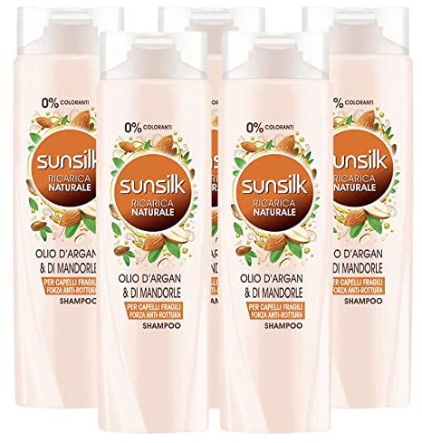 5x Sunsilk Shampoo Ricarica Naturale con Olio di Argan & di Mandorle per Capelli Fragili - 5 Flaconi da 250 ml