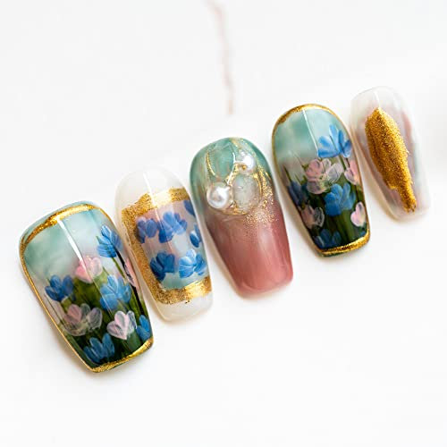 Sun&Beam Nails Handmade Press On Nail Medium Long Coffin Ballerina Green Flower Painting Fake Tip 3D Design Art Charms Cute with Storage Box 10 Pcs (#13 XS)