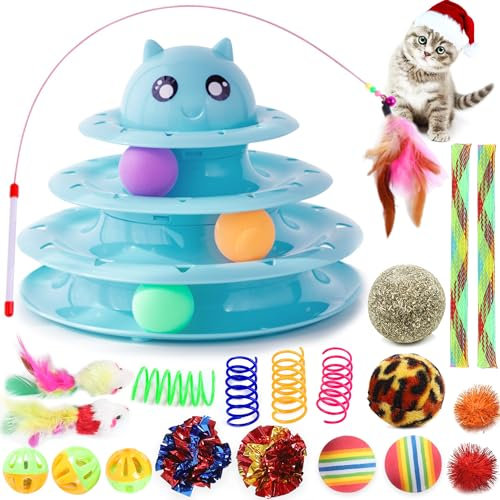 Suhaco 21 Pack Cat Toys for Indoor Cats Interactive Kitten Toy Fun Roller 3 Level Cats Ball Toys with Catnip Ball Self Play Cat Feather Wand Kitty Toy for Boredom (Blue)