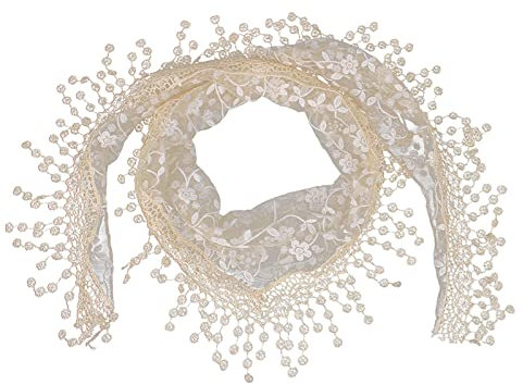 JK Home Lace Tassel Sheer Floral Triangle Scarf, Trendy Silk Gauze Embroidered Veil Church Wedding Wrap Scarf Fringe Head Cover 140x40cm Beige