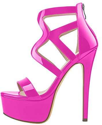 Only maker Damen Sandaletten Plateau High Heels Riemchen Sommerschuhe Metallic Lack Viva Magenta 43 EU
