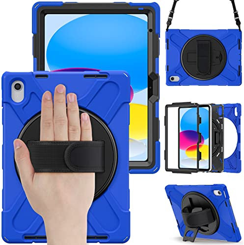 Bspring iPad 10 Generation Hülle 2022 10.9 Zoll, Robuste Stoßfeste Schutzhülle mit Stifthalter, Ständer und Handgurt, Schultergurt für 10,9 iPad 10. Generation A2696/A2757/A2777,Blau