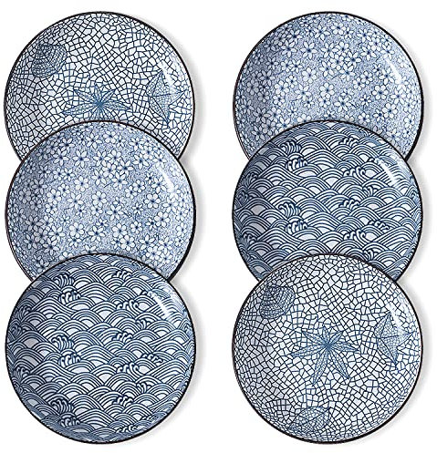fanquare Platos de Cena de Porcelana Azules y Blancos de 20cm - Juego de 6 Platos de Cena de Cerámica para Pasta, Panqueques, Bistec - Apto para Lavavajillas y Microondas