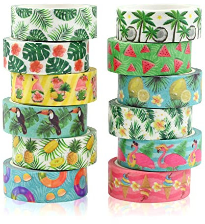 12 Rollen Hawaiian Washi Tape Set,Dekorative Masking Tapes Aloha Flamingo Aufkleber Selbstklebendes Klebeband für Tropische Themenparty Kunst Handwerk DIY Scrapbook Geschenk Verpackung Dekorationen