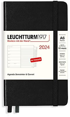LEUCHTTURM1917 367748 Wochenkalender & Notizbuch Medium (A6) 2024, mit Extraheft, Schwarz, Französisch, 12 Monate