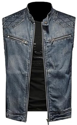 Gilet in Denim di Moda Maschile, Motociclista con Cerniera Maschile Jean Gilet, Giacca da abbonamento Senza Maniche Maschile