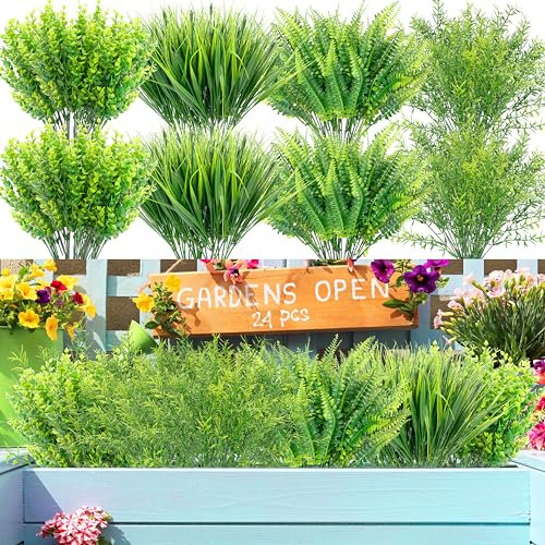 Palonu Künstliche Pflanzen, Boston-Farn-Bündel, Buchsbaum, Rosmarin, Gras, Grün, UV-beständig, kein Verblassen, Kunstplastikpflanzen, Garten, Veranda, Fenster, Box, Dekoration (24 Stück)