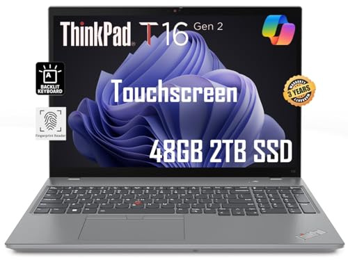 Lenovo ThinkPad T16 Gen 2 Business Laptop (16 FHD+ Touchscreen, Intel 10-Core i7-1355U, 48GB DDR5 RAM, 2TB SSD) Ethernet, Backlit, Fingerprint, FHD Webcam, 3-Yr Warranty, Win 11 Pro w/ AI Copilot