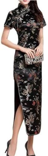 Black Sugar Abito Qipao corto e lungo con maniche corte e motivo drago broccato Cheongsam tunica