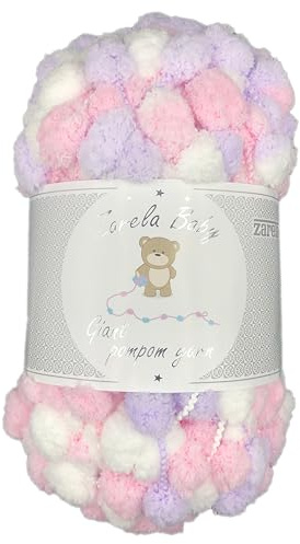Zarela Baby Giant Pom Pom Yarn Wool (G12 White-Pink-Lilac)