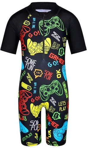 HUAANIUE Boys Swimming Short Sleeve Swimsuit 3-12Y Kids One Piece Swimwear Navy Sun Protection 50+ Swim Clothes UPF Warm Sportwear Costume Summer Surfing (BlackGame,152/158)