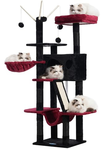 Hey-brother MPJ019SBR Katzenkratzbaum, Katzenturm für Hauskatzen, Katzenhaus mit gepolstertem Plattformbett, Spielzeugbälle, große, gemütliche Höhle, Hängematten und Sisal-Kratzstämme, Rot
