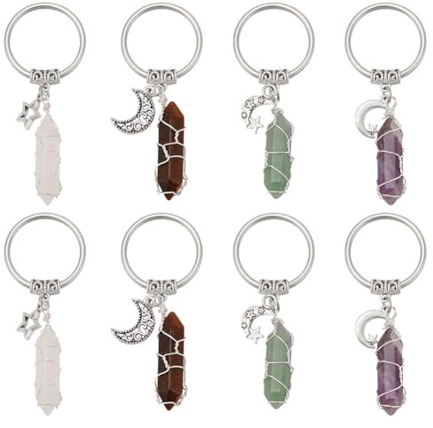 MAYJOYDIY 8Pcs 4Styles Crystal Gemstone Keychain Wire Wrapped Crystals Stone Keyring Moon Star Charms Tibetan Style Hexagonal Crystal Keychain Quartz Pendants Keychain for Women Men Gifts Bag Decor