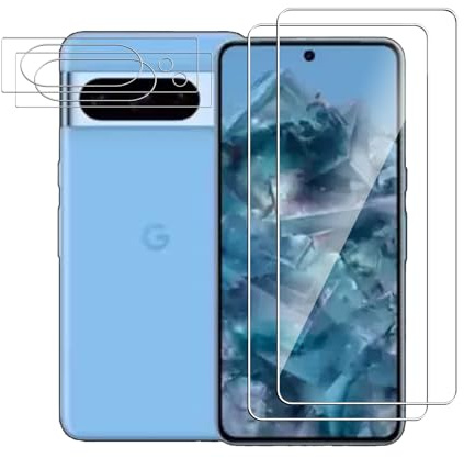 Afikyutu Protector de Pantalla para Google Pixel 8A, 2 Piezas Cristal Templado + 2 Protector de Lente Cámara, Anti-Arañazos, Fácil de Instalar, 9H Dureza Vidrio Templado