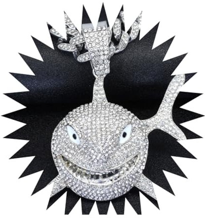 FUSHENGTER Halsketten Herren Hip hop Ketten Anhänger Frauen damenkette Rapper Große Hai-Anhänger-Halskette für Männer, Hip-Hop-Bling mit Iced-Out-Kristall, modisch, silberfarben
