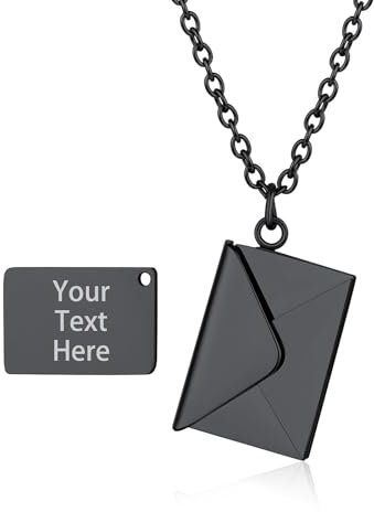 Custom4U Damen Umschlag Medaillon Schwarz zum Öffnen mit Text/Namen Gravur Edelstahl Aufklappbare Liebesbrief Umschlag Amulett Halskette Schwarz Modeschmuck für Muttertag Weihnachten Geburtstag