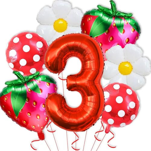Luftballons Geburtstag Erdbeer, Erdbeer Deko Geburtstag 3 Jahr Mädchen, 7 Stück Geburtstags Ballon Set mit Ballon Nummer 3, Erdbeere Folienballon für Mädchen Geburtstagdeko Motto Party