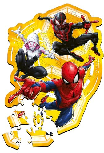 Trefl - Holzpuzzle: Marvel Spiderman, Spider-Man aktionsbereit - 50 Teile, Formen-Puzzle Wooden Puzzle, Unregelmäßige Formen, 10 Figuren, Modernes Puzzle für Kinder ab 5 Jahren