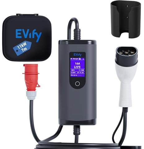 EVify Mobile Wallbox CEE 16A auf Typ 2 11KW 3-Phasig 7M, Ladegerät Ladeleistung einstellbar, Mobile Ladestation, Starkstrom Ladekabel für E Auto