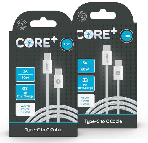 CORE + | 1.5M USB C to USB A Smartphone Charger Cable 12W | Fast Charging | Compatible with iPhone 15 Pro, Macbook, Samsung, Google Devices | Includes Cable Tidy (2 x 1M 60W)