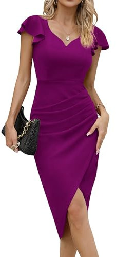 Missufe Midikleid Wickelkleid Partykleid Elegant Sommerkleider Damen Bodycon Cocktailkleid (Lila, klein)