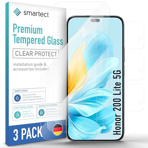 smartect Verre Trempé 3 + 3 Pièces pour Honor 200 Lite 5G | Écran + Caméra, Vitre de Protection HD Anti-Rayures, Sans Bulles, Dureté 9H, 0.3mm Ultra Transparent, Ultra Résistant