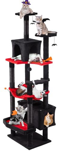 Erinnyees Gothic Cat Tree, 70.5 Heavy Duty Black Cat Tower, Tall Goth Tree with Dual Kitty Condo, Maine Coon Kitty Scratching Post with Coffin Bed, Hammock, Spooky Balls