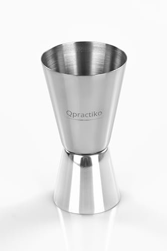Qpractiko - Verre doseur double | Mesure précise 30/60 ml | Facile à nettoyer | Acier inoxydable durable | Design fonctionnel pour cocktails, Acier inoxydable