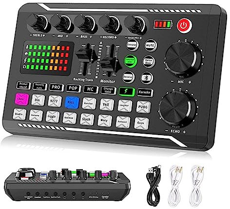 MRKU Sound Card Kit Professional DJ Audio Interface Mixer Portable All-in-One Podcast Production Studio with Microphone for Live Streaming Studio Setup