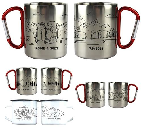 Personalized Carabiner Mug, Trail Hiking Camp Cup, Mountain Camping Mug, Couple Adventure Coffee Cup, Engagement Newlywed Birthday Gift, Custom Couples Gift, Lightweight Camping Gear with Handle