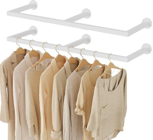 Yawinhe Industrieller Rohr Kleiderständer, 110cm Kleiderstangen Wandmontage, Abnehmbare Platzsparend Wand Kleiderstange, für Schlafzimmer, Weiß, mit 3 Basen, 2-Pack, SYJ110W-2