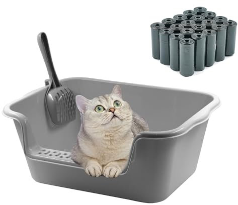 Vida Sol Pack Arenero 50x38x20cm y 300 Bolsas para Excrementos de Gato, Caja de Arena con Pala de Limpieza y Bolsas de Desechos, Solución Práctica y Eficiente para Mantener Limpio, Gris