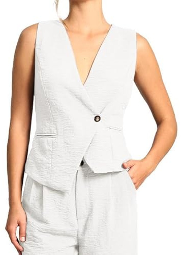 Amazhiyu Anzugweste Damen, Leinenweste Kurz Ärmellos Westen, V-Ausschnitt Leinen DamenWesten Vintage Sommer Weste, Knopfleiste, Regular Fit